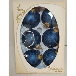 VTG Visions‎ by Holly 6 Blue Glass Textured Christmas Ball Ornaments Gold Caps